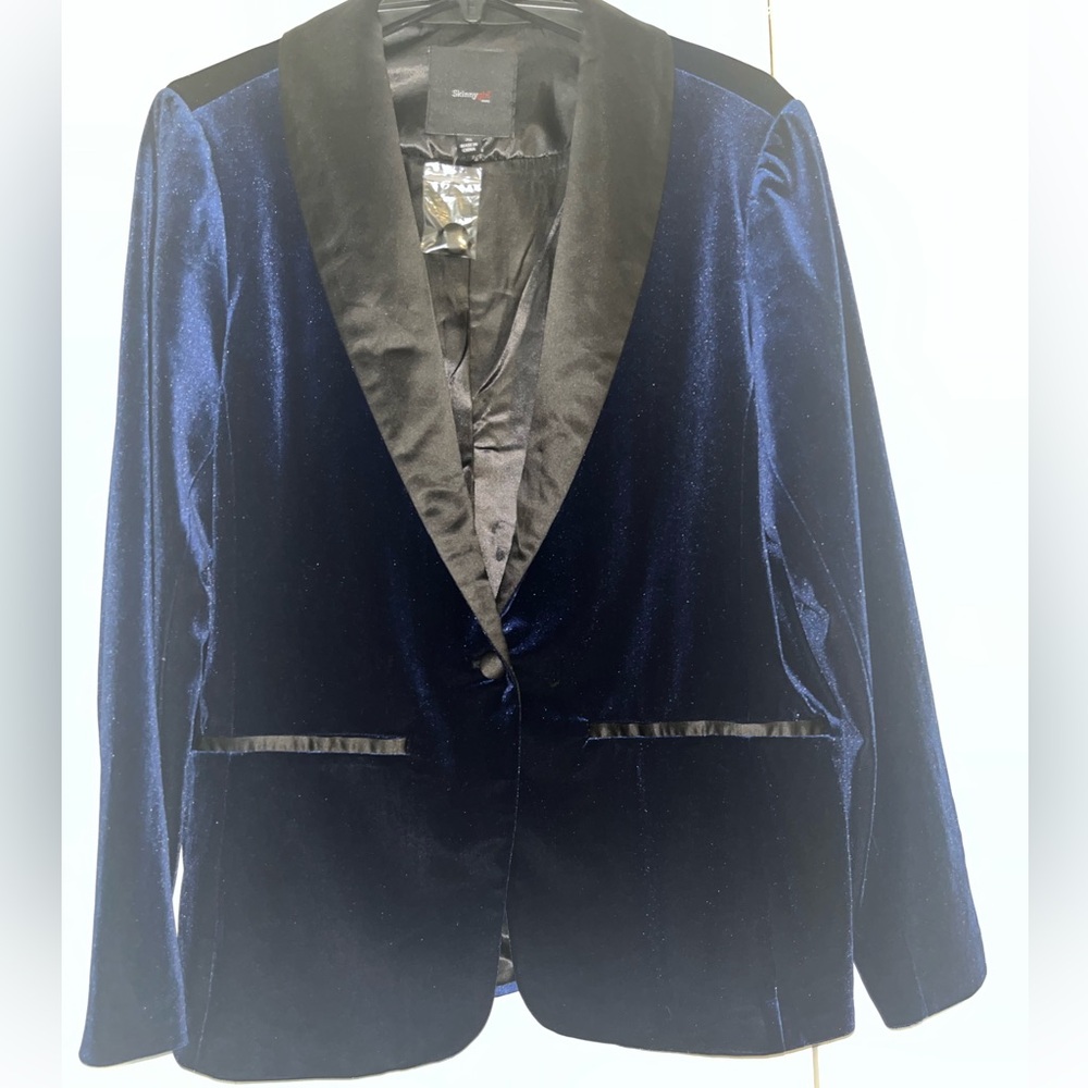 Skinnygirl Navy Blue Velvet Blazer with Black Satin Trim